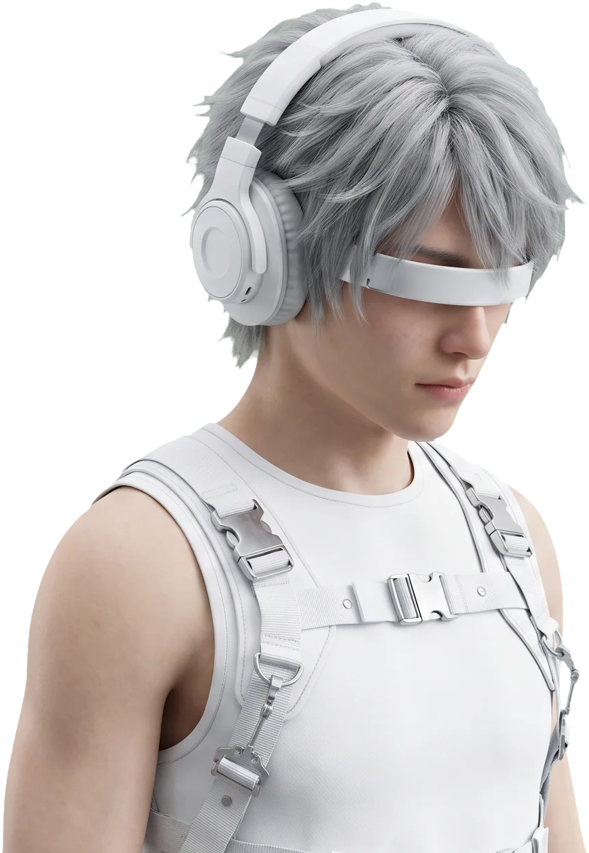 A listener in white technical wear wearing large over ear headphones