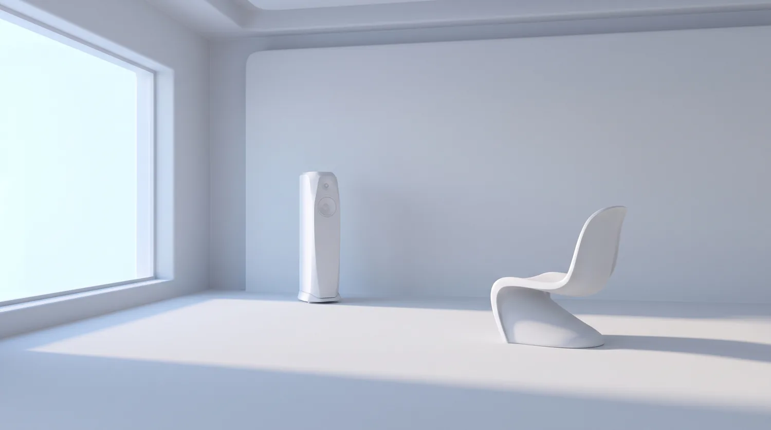 A bare room with one floorstanding speaker and a single chair